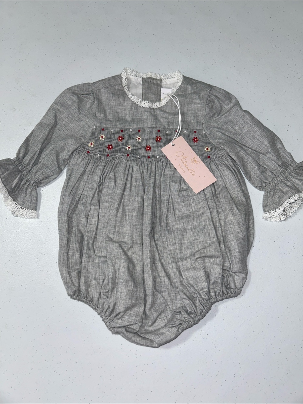 NWT Antoinette Paris Baby Girl Holiday Grey Anastasia Smocked Bubble 9 Months